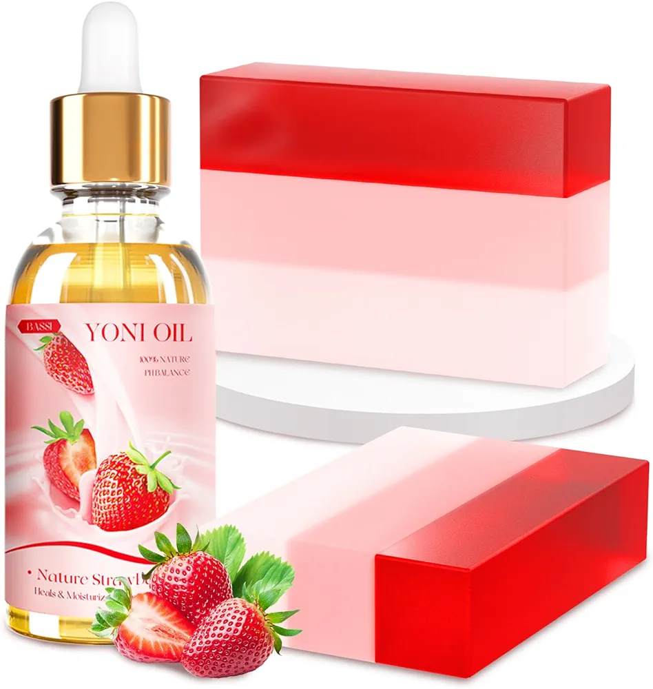 Yoni Soap Bars & Natural Yoni Oil Set, Natural Yoni Oil Vaginal Wash for Women Feminine Wash Vaginial Deodorants pH Balance, Eliminates Odor, Strawberry Feminine Oil 30ml/1 oz, 2pcs 3.53 oz Bath Soap