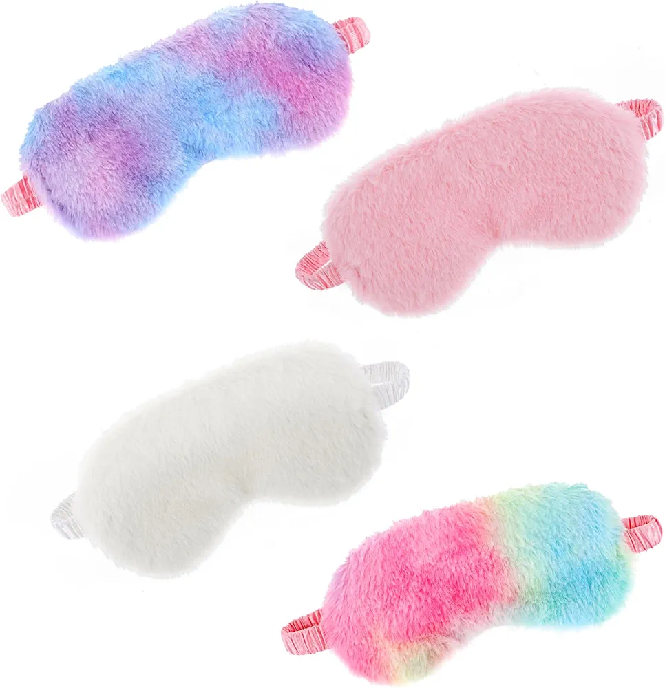 4 Pcs Plush Sleeping Eye Cover Furry Sleep Masks Soft Comfortable Blindfold Rainbow Elastic Faux Fur Eye Shade for Adults Kids Travel Nap Sleeping (Rainbow Colors+Solid Color)