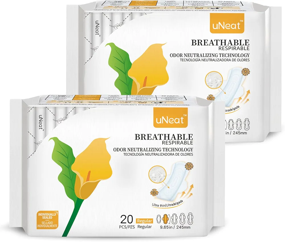 uNeat Ultra Thin Breathable Feminine Pads with Wings for Women&Teens, Odor-Neutralizing Tech, Unscented, Regular Absorbency, Day Pads (Regular, 20 Count/Pack, 2-Pack)