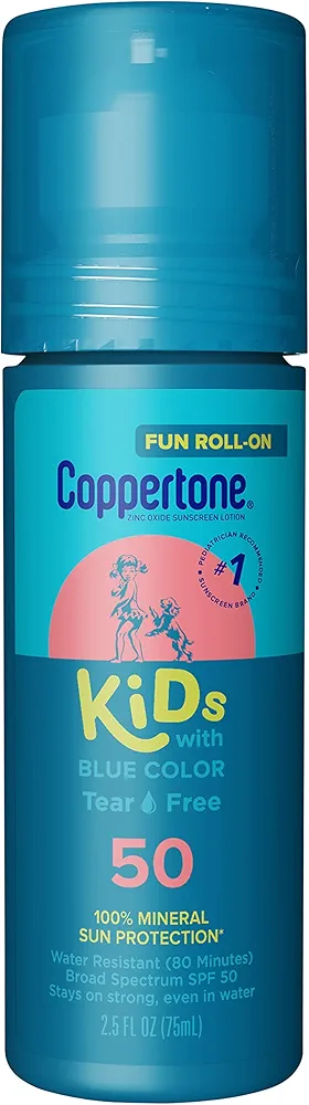 Coppertone Kids Roll On Sunscreen Lotion SPF 50, Kids Sunscreen with Blue Color, Tear Free Sunscreen with Zinc Oxide Sun Protection, 2.5 Fl Oz Tube