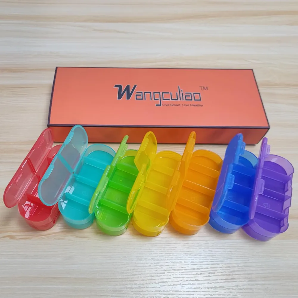 XL Weekly (7-Day) Pill Organizer with Large Opening for Easy Filling, 7 Sets Pill Box in Rainbow Colors, Portable Travel Pill Case for Medication Vitamins Fish Oils(4 Variable +3 Fixed)