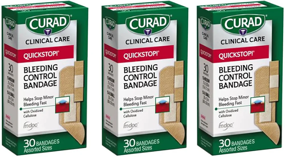 Curad Quickstop Flex-Fabric Bandages, Quickstop Bleeding Control Technology, Assorted Sizes, 30 Count (Pack of 3)