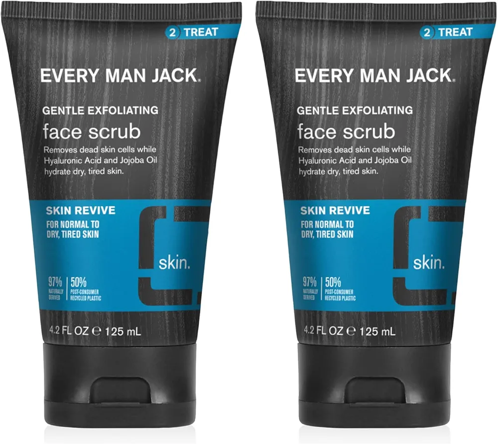 Every Man Jack Gentle Exfoliating Face Scrub For Men- Exfoliate Away Dead Skin, Moisturize, and Revive Tired Skin with Jojoba Beads, Hyaluronic Acid, and Caffeine - 4.2 oz Men’s Face Scrub -Twin Pack