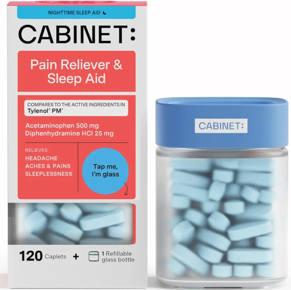 Cabinet: Nighttime Pain Reliever and Sleep Aid for Headaches, Aches, and Pains | Acetaminophen 500mg, Diphenhydramine 25mg,120 Caplets (Refillable Glass Jar)