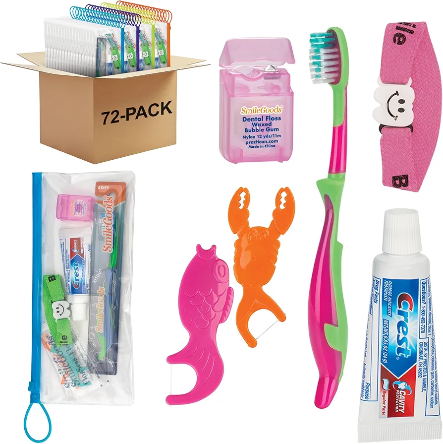 SmileGoods Child Prize Dental Care Kit with Toothbrush, Toothpaste, Floss, FlosSeas, & Toy, Pack of 72