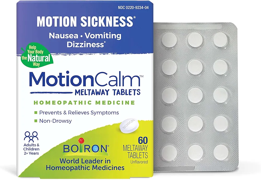 Boiron MotionCalm Relief for Nausea, Vomiting, or Dizziness associated with Motion Sickness Due to Travel, Amusement Rides, and Video Games or VR - Non-Drowsy - 60 Count