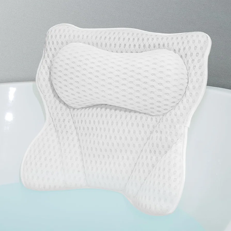 Bath Pillow, Bath Pillows for Tub Neck and Back Support, Soft 4D Air Mesh Bathtub Pillow 16.5 x 17.3 INCH, with 6 Powerful Suction Cups, Bath Accessories Relaxing Gifts for Women (White)