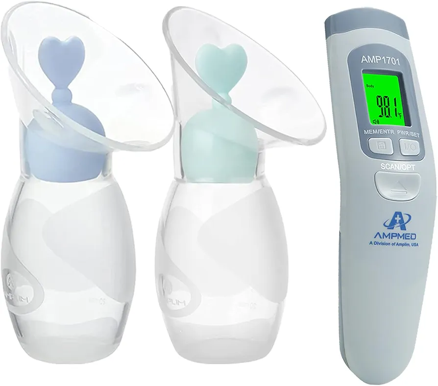 Amplim Deluxe Manual Silicone Breast Pump and No Touch Forehead Thermometer for Babies and Adults | Bundle Pack