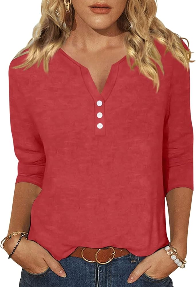 EADINVE Womens 3/4 Sleeve T-Shirts V Neck Buttons Tops Basic Tee Solid Color Blouse Loose Fit Pullover Summer Shirts 2024