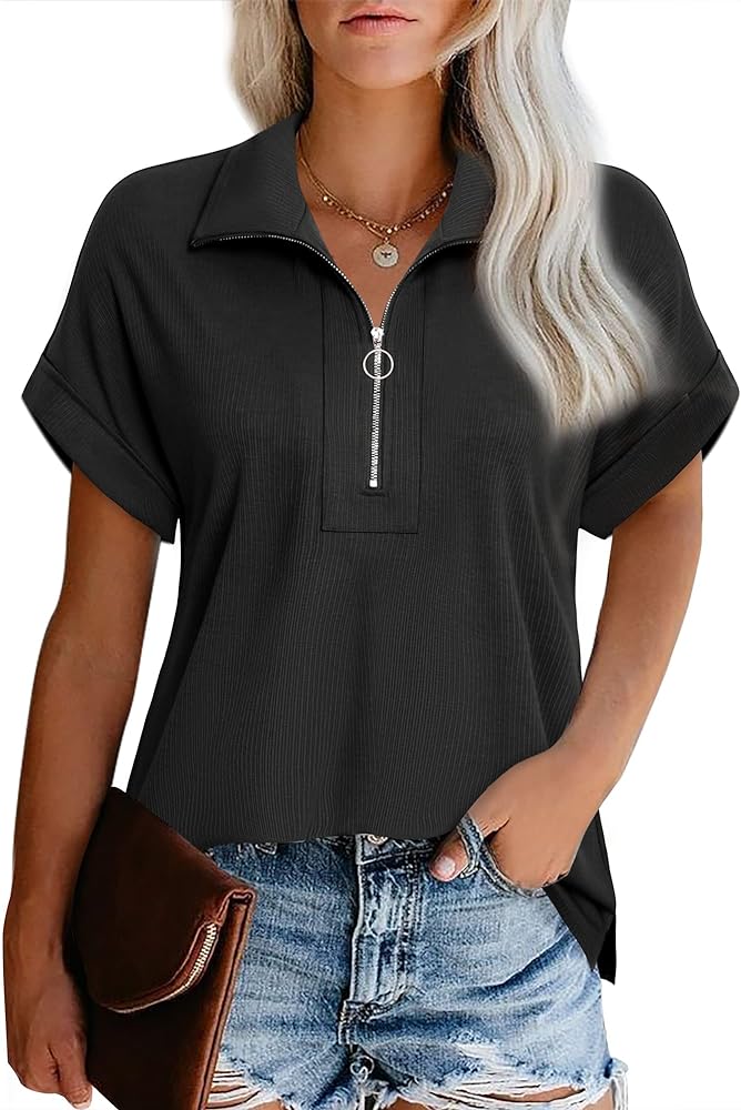 Vivilli Women's Short Sleeve Tops and Blouses Zipper Collar V Neck Business Casual Tops Loose Fit Tunic Shirt Polo Shirts