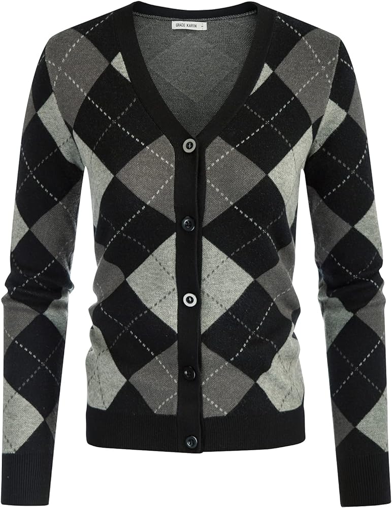 Womens Argyle Preppy Cardigan Sweater Casual V neck Button Down Knit Cardigan Color Block Shrugs S-2XL