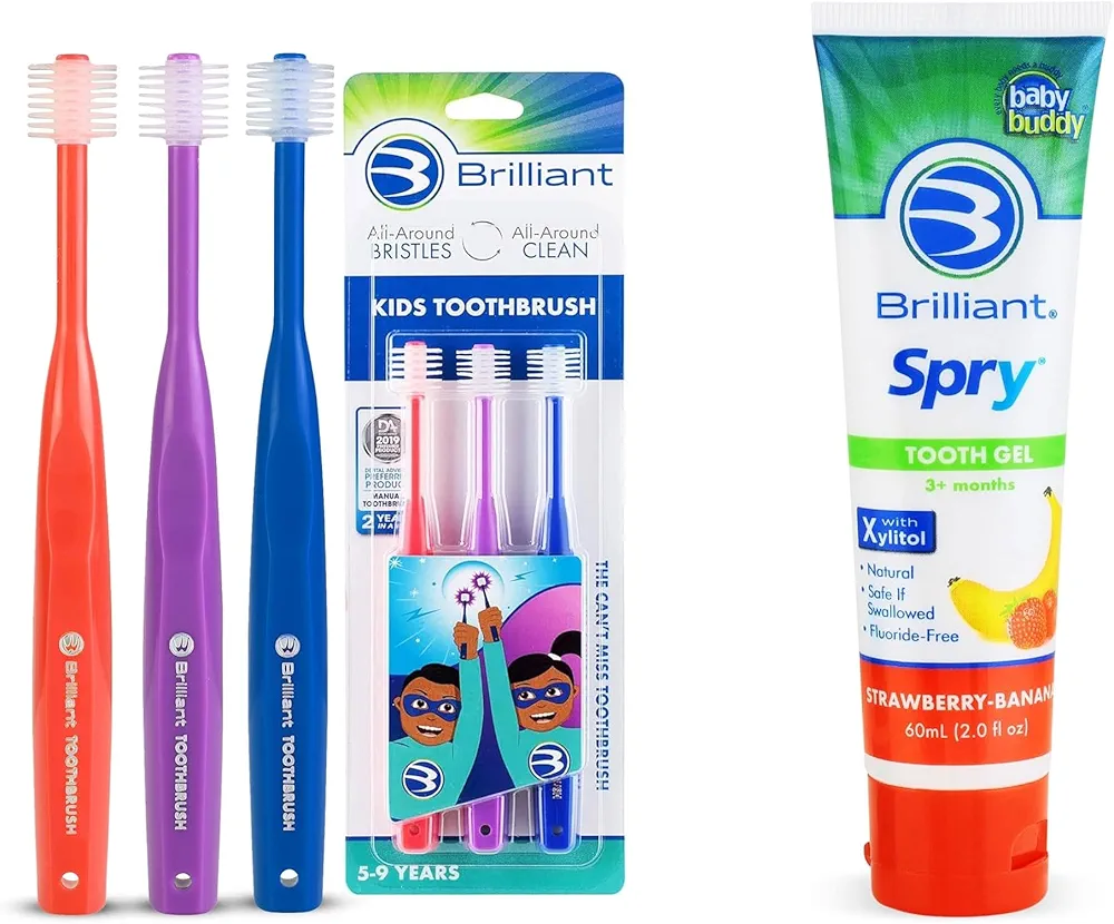 Brilliant Oral Care Bundle; Pack of 3 Kids Toothbrush with Soft Bristles Round Head - Red Purple Royal & Pack of 1 Kids Fluoride Free Toothpaste, Spry Gel with Xylitol, Strawberry Banana