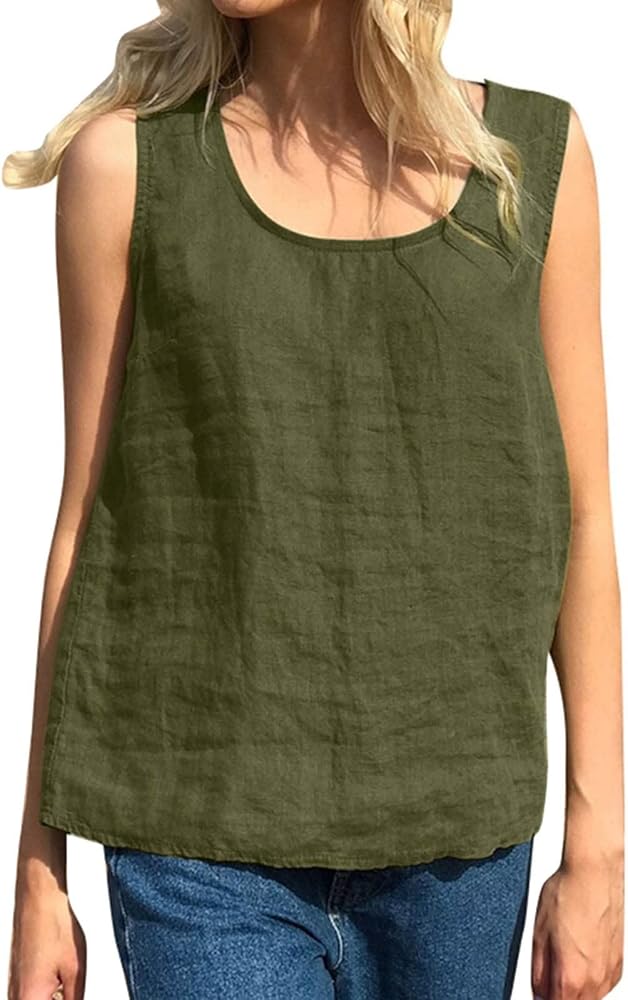 Womens Tank Top Plus Size Loose Casual Cotton Linen Solid Color T Shirts Scoop Neck Sleeveless Blouses for Women