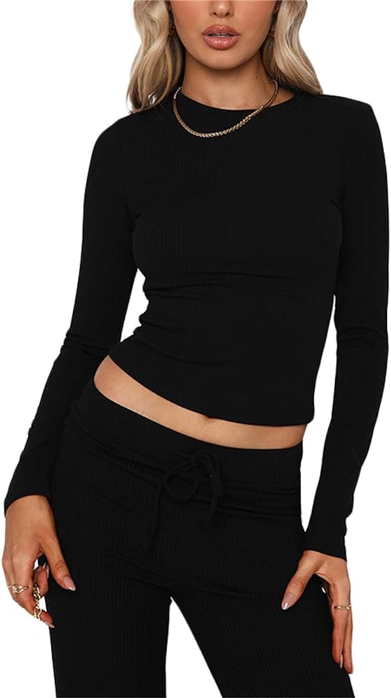 Women Casual Basic Long Sleeve Crop Top Stretch Slim Fitted Ribbed T-Shirt Blouse Solid Crewneck Tee Tops