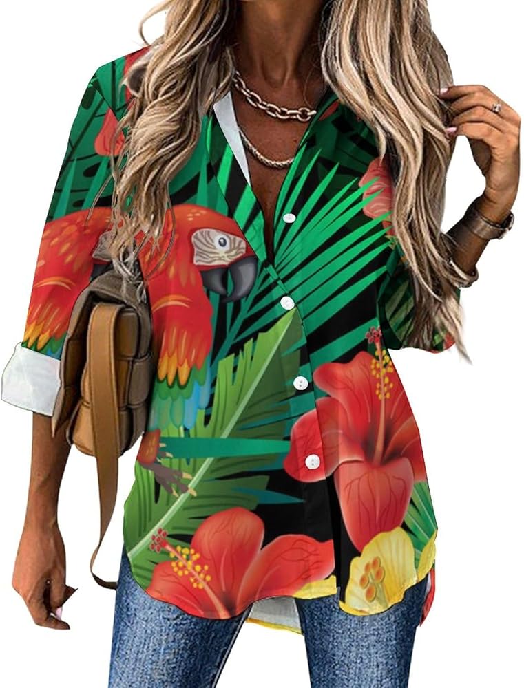 Parrots with Tropical Plants Blouses for Women Hawaiian Button Down Long Sleeve Shirts Tees Tops