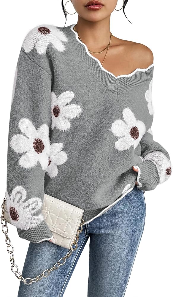 Pink Queen Women's Oversized V Neck Fuzzy Sweaters 2024 Casual Loose Long Sleeve Chunky Knit Pullover Jumper Tops