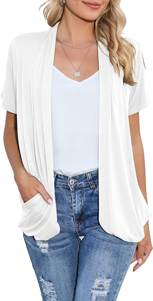 HIYIYEZI Open Front Cardigan Sweaters for Women with Pockets Lightweight Short Sleeve Ruffle Front Kimono Cardigan Duster