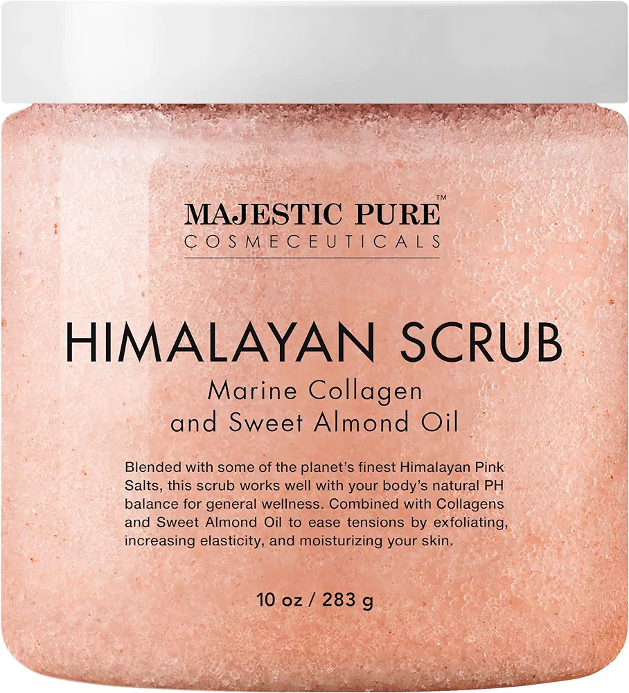 MAJESTIC PURE Himalayan Pink Salt Body Scrub with Collagen and Sweet Almond Oil | Exfoliating Body Scrub for Skin Care, Stretch Marks, Acne, Cellulite | Body Scrub Exfoliator |10 oz