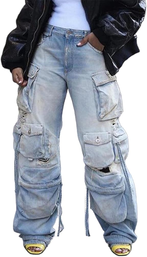 Cargo Jeans for Women Y2K High Waisted Baggy Jeans Straight Wide Leg Cargo Pants Streetwear