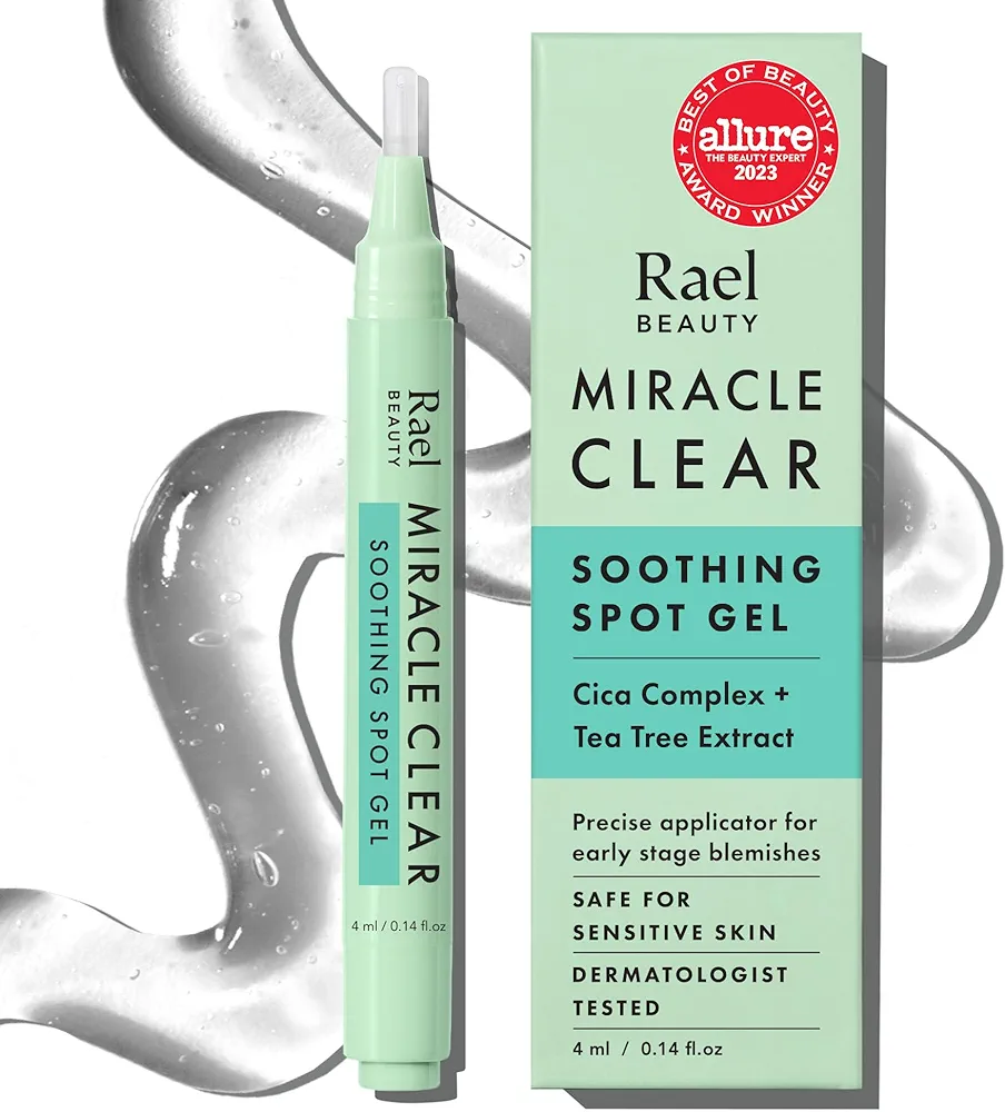 Rael Acne Spot Treatment, Miracle Clear Soothing Spot Gel Pen - Acne Gel, Pimple and Blemish Treatment, Korean Skincare, for Early Stage, Succinic Acid, Tea Tree, Cica, Vegan, Cruelty Free (0.14 oz)