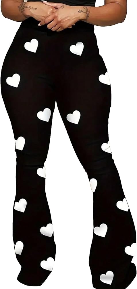 OYOANGLE Women's Plus Size Heart Print Elastic High Waisted Flared Leg Pants Y2K Bell Bottom Trousers