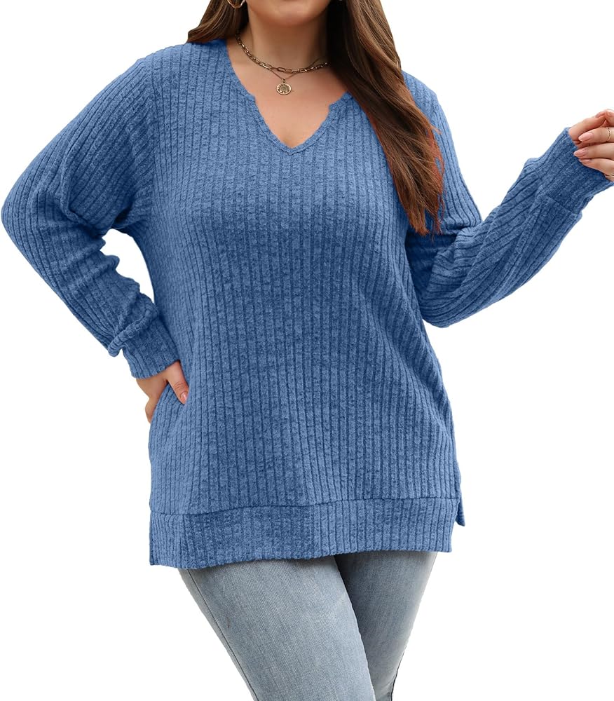 Gloria&Sarah Women's Casual Long Sleeve V Neck Lightweight Knitted Sweaters Loose Fit Plus Size Tunic Tops L-4XL