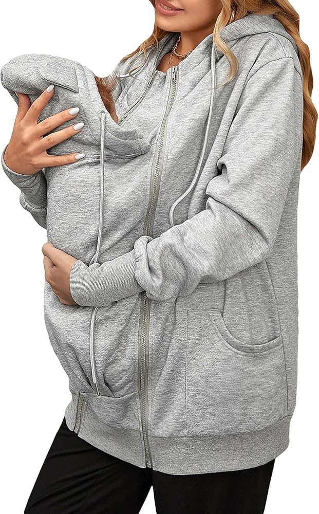 QWINEE Women's Maternity Zip Up Sweatshirt Babywearing Carrier Hoodie Drop Shoulder Drawstring Nurse Hoodies