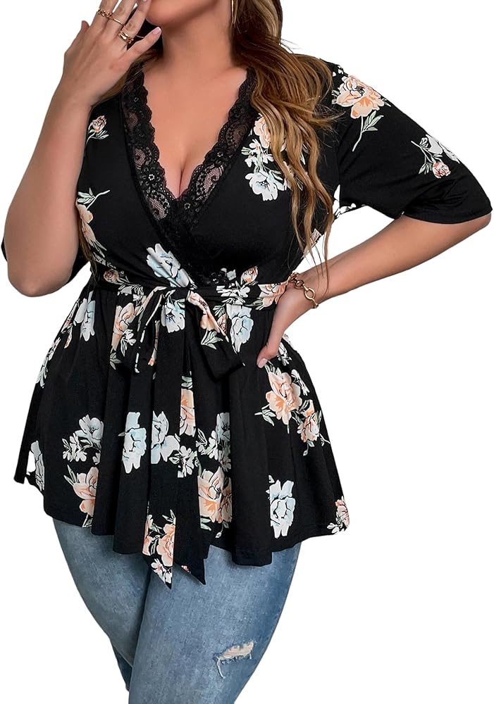 SOLY HUX Women's Plus Size Peplum Tops V Neck Wrap Tie Front Floral Print Lace Trim Casual T Shirt Tops