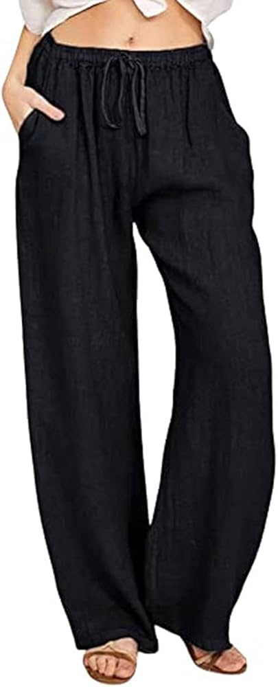 chouyatou Women's Summer Loose Drawstring Waist Beach Linen Wide Leg Pants Palazzo