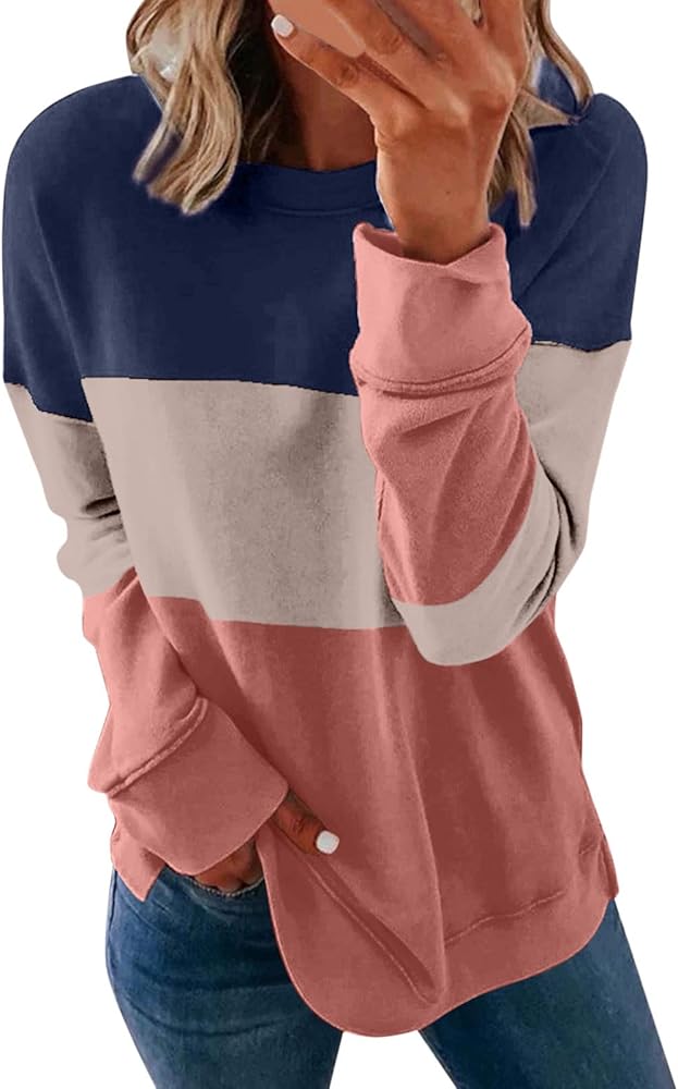 Cute Sweatshirt For Women 2023 Fall Fashion Clothes Long Sleeve Crewneck Pullover Sweater Shirt Color Block Tunic Tops