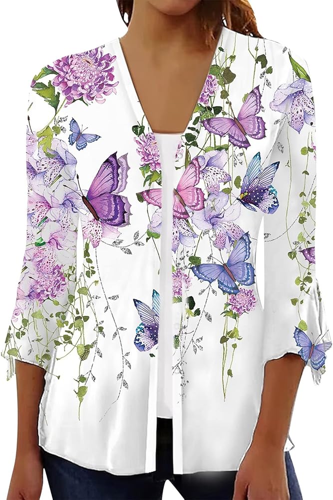 Cardigan for Women Dressy Summer Floral Print 3/4 Sleeve Lightweight Cardigans Loose Outwear Casual Blouse Tops