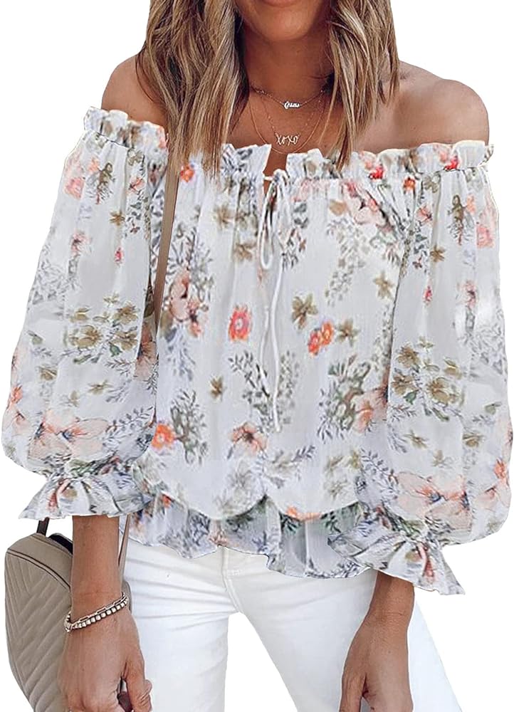 BLENCOT Summer Sexy Off Shoulder Tops for Women Boho Ruffle Sleeve Floral Chiffon Shirts Blouses