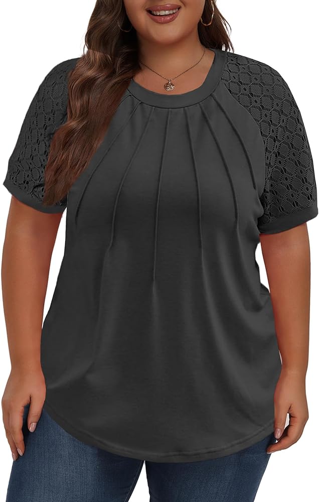 Women's Plus Size Lace Shirt Short Sleeve Round Neck Tops Basic Ladies Loose Fit T Shirt