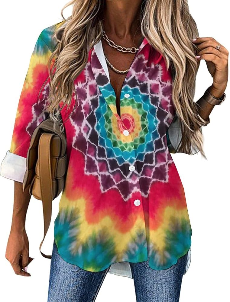 Tie Dye Mandala Classic Shirts for Women Long Sleeve Blouse Casual V Neck Tee Tops Work Office