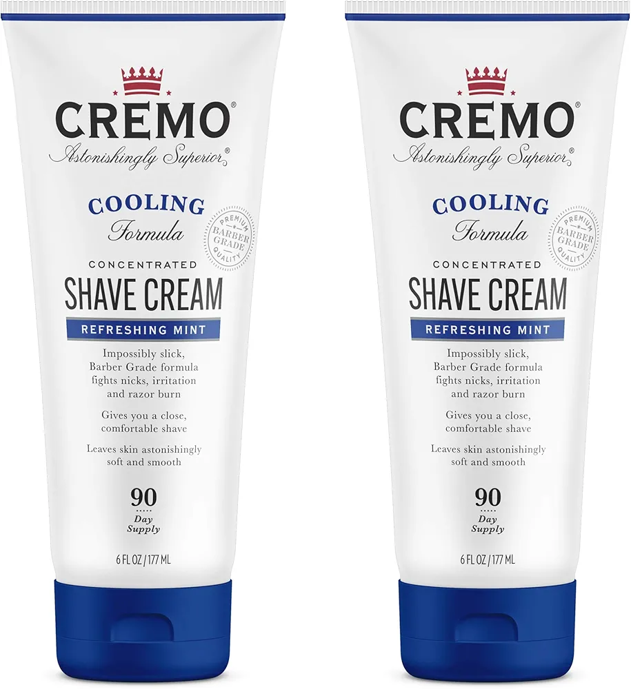 Cremo Barber Grade Cooling Shave Cream, Astonishingly Superior Ultra-Slick Shaving Cream Fights Nicks, Cuts And Razor Burn, 6 Fl Oz (2 Pack), WHITE