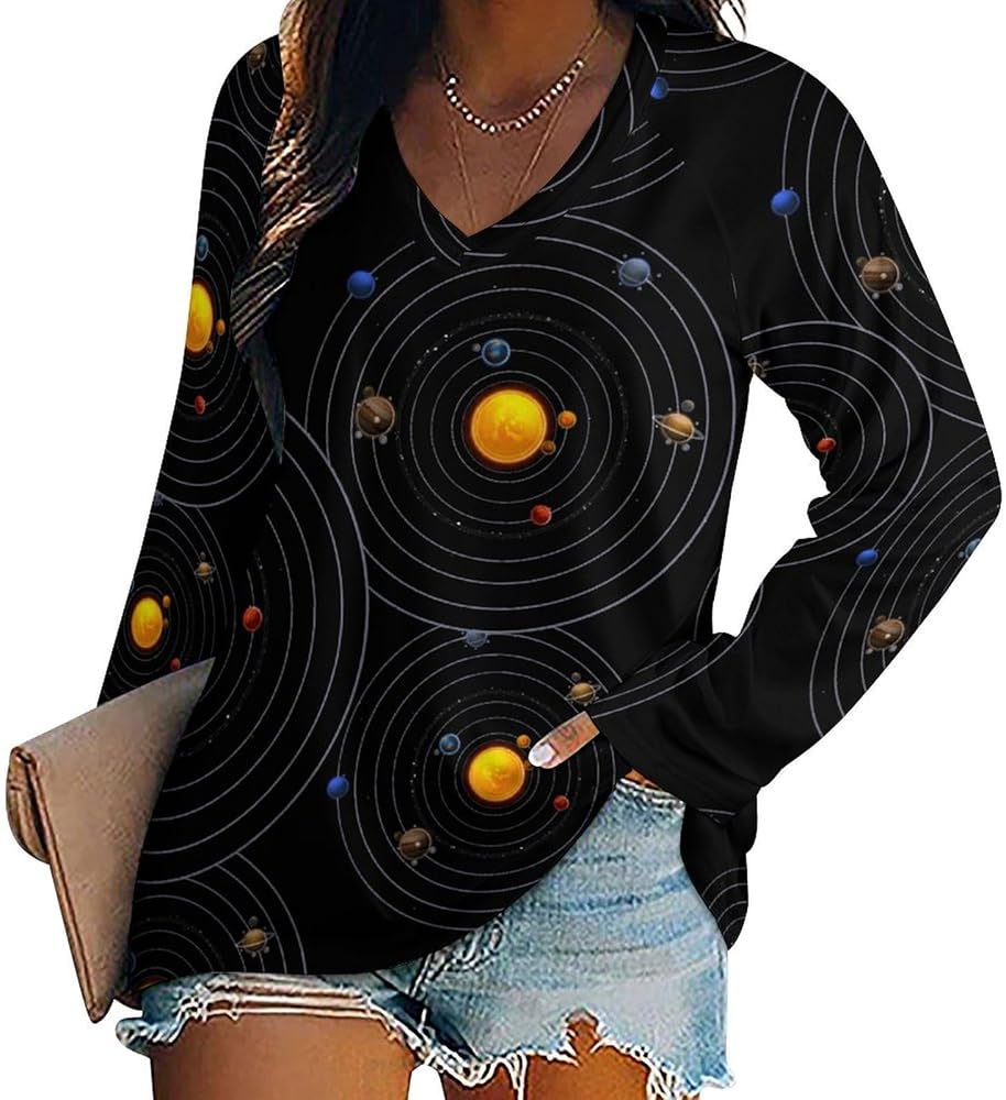 Solar System Planets Loose Womens Shirts Long Sleeve Tees Tops Casual V-Neck Graphic Blouses