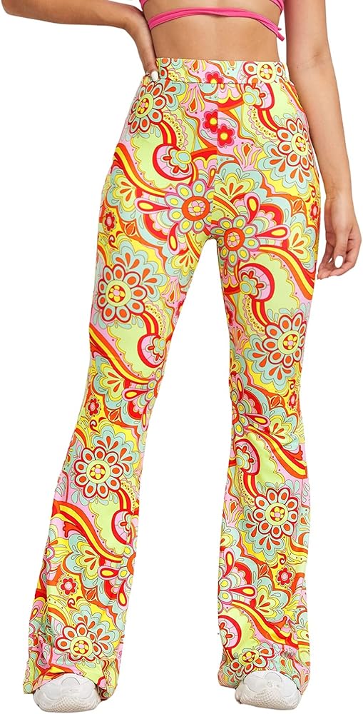 SOLY HUX Women's Floral Boho Elastic High Waisted Leggings Flare Leg Bell Bottom Long Wide Leg Pants Trousers