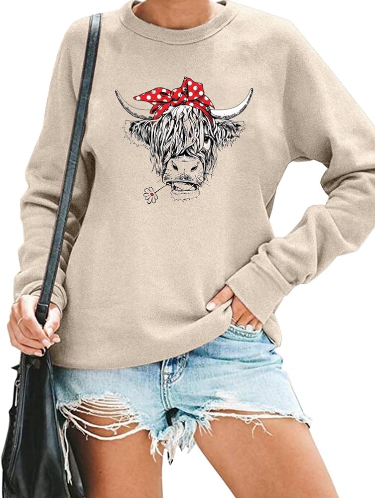 Women Cow Sweatshirt Funny Animal Graphic Long Sleeve Top Farm Life Pullover Western Cowgirl Casual Shirts