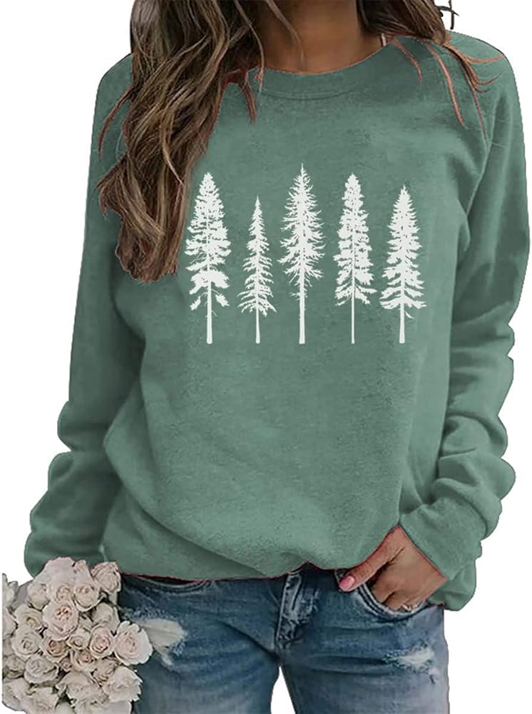 FCDIED Womens Funny Pine Tree Camping Sweatshirt Casual Fall Outdoor Hiking Pullover Travel Long Sleeve O-Neck Pullover Tops