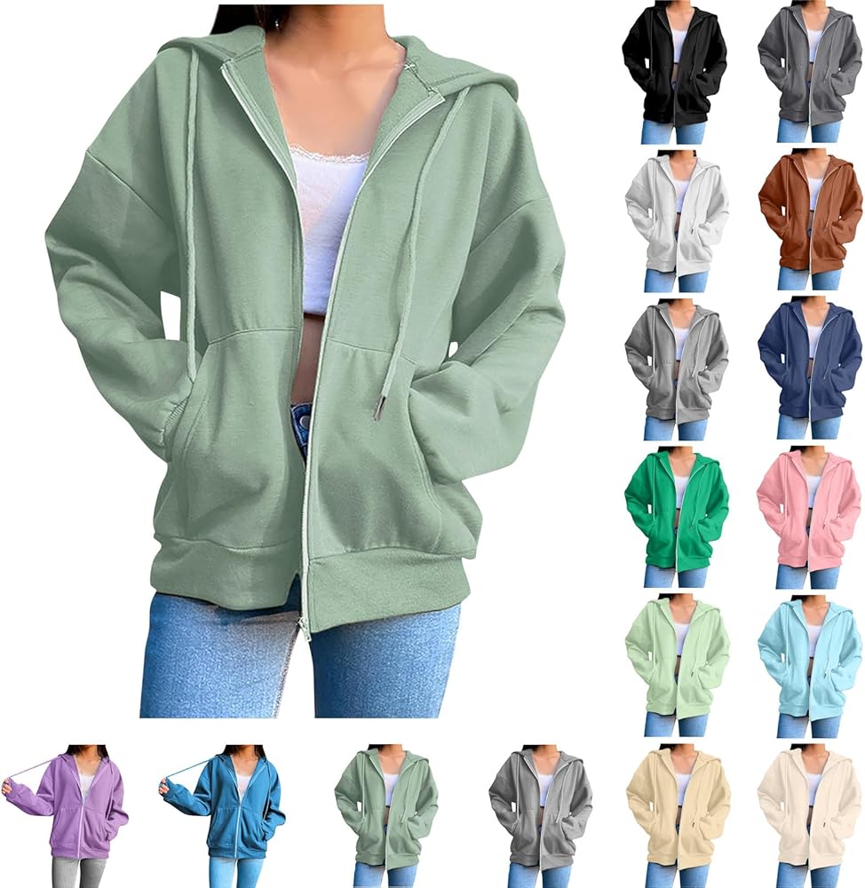 Zip Up Hoodies for Women Oversized Casual Long Sleeve Sweatshirt 2024 Fall Fashion Clothes Y2K Jacket with Pockets