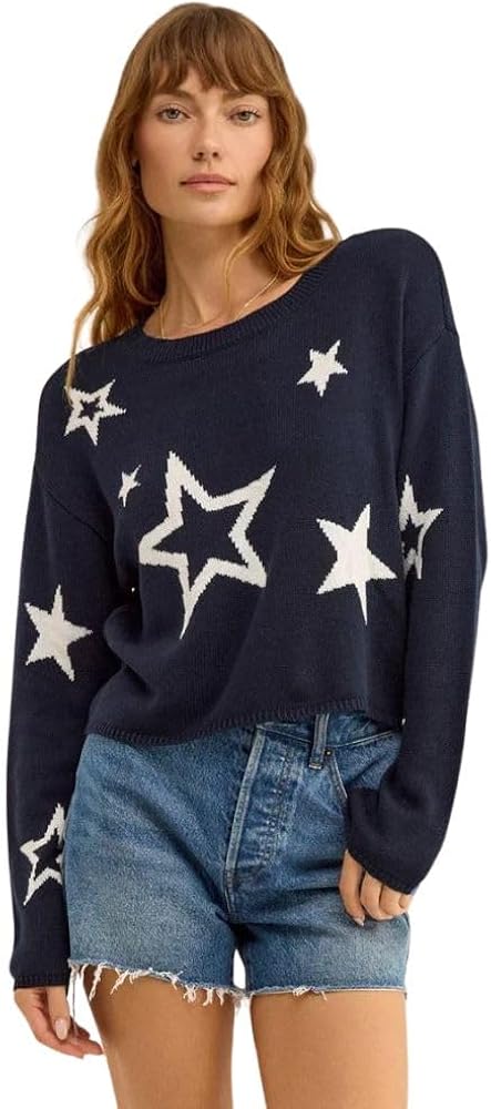 Z SUPPLY Seeing Stars Sweater, Women's Star Print Sweater, Cotton, Relaxed Fit, Crew Neck, Captain Navy,