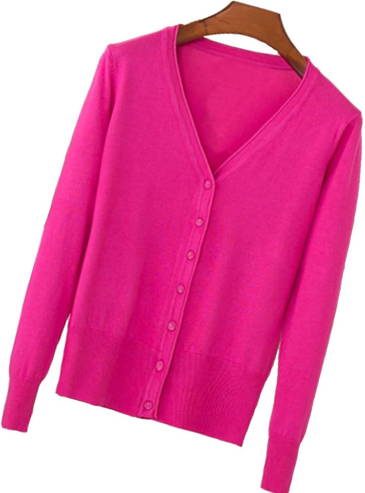 Womens V-Neck Button Down Long Sleeve Crew Neck Soft Classic Basic Knit Cardigan Sweater (S-6X) (Medium, Rose Red)