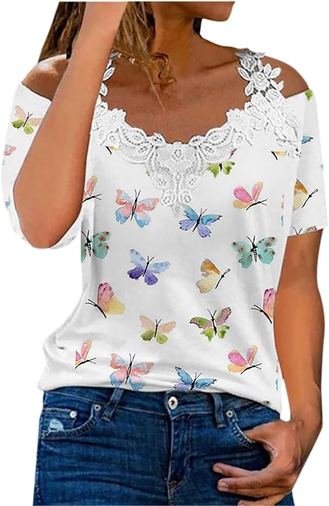 Summer Lace T Shirt for Women Casual V Neck Floral Tee Cold Shoulder Short Sleeve Tunic Top Trendy Loose Comfy Blouse