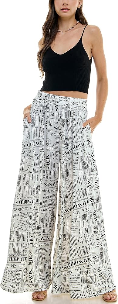 Wide Leg Pants with Elastic Waistband Pockets Newspaper Print Loose fit