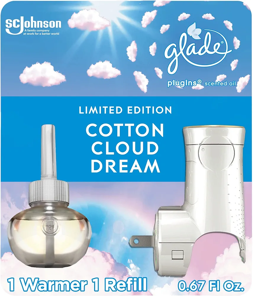 Glade PlugIns Refills Air Freshener Starter Kit, Scented and Essential Oils for Home and Bathroom, Cotton Cloud Dream, 0.67 Fl Oz, 1 Warmer + 1 Refill