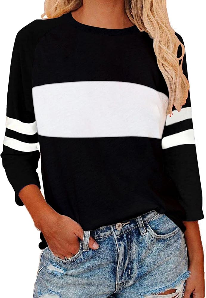 Women Basic Comfy Tee 3/4 Sleeve Tops Raglan Blouse Casual Color Block T Shirts O-Neck Tee