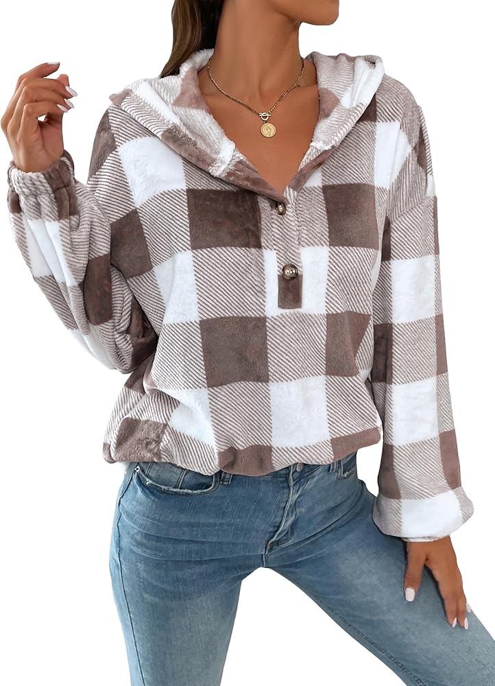 SOLY HUX Hoodies for Women Plaid Half Button Long Sleeve Fuzzy Pullover Sweatshirt