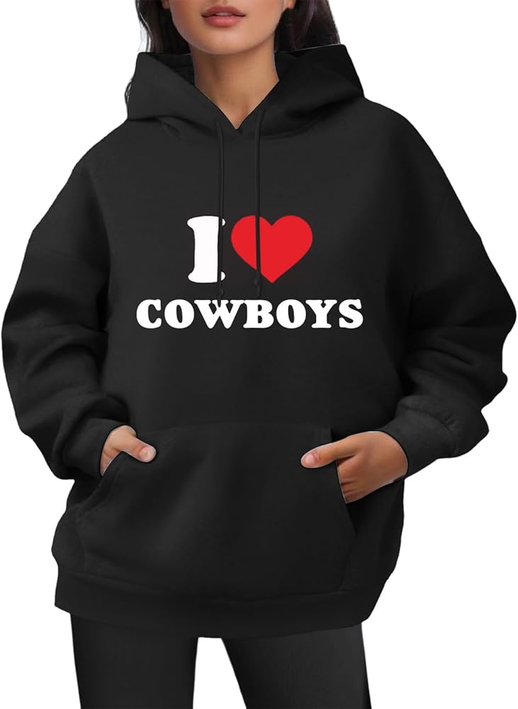 Women'S Fashion Hoodies & Sweatshirts Valentine'S Day I Love Cowboys Letter Print Drop Shoulder Pullover Tops With Pocket Valentine'S Day Gifts For Him (A25 Black,M)