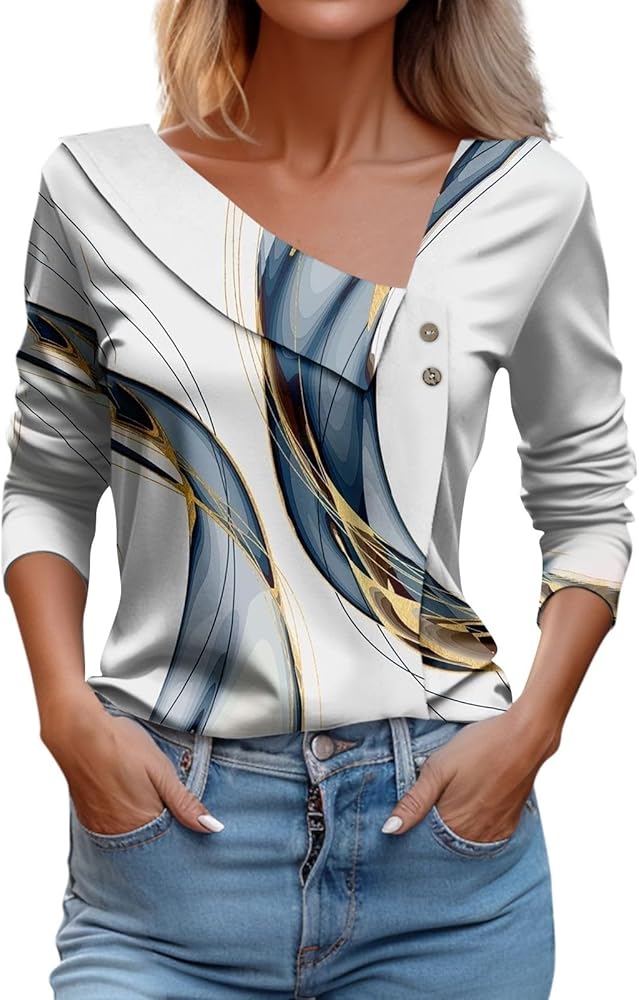 Summer Tops Asymmetric Lapel Button 3/4 Sleeve Shirts Printed Loose Fit Blouses Cute Trendy Tunic Basic Casual Tee