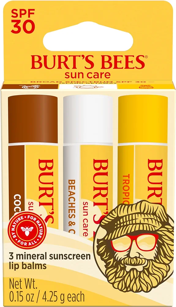 Burt’s Bees SPF 30 Lip Balm Mothers Day Gifts for Mom, Island Getaway - Coco Loco, Beaches & Cream, Tropic Like It's Hot, Water-Resistant Sun Care, Natural Origin Lip Treatment, 3 Tubes, 0.15 oz